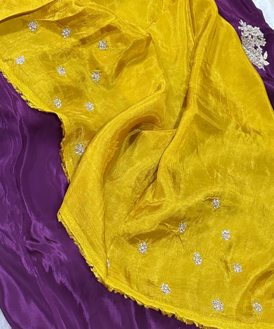 Premium Dola Crepe Silk with Hand Work Plum Purple With Gold Zari | Glow & Glitter Boutique