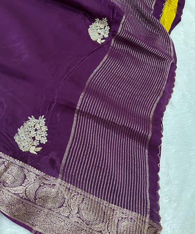 Premium Dola Crepe Silk with Hand Work Plum Purple With Gold Zari | Glow & Glitter Boutique