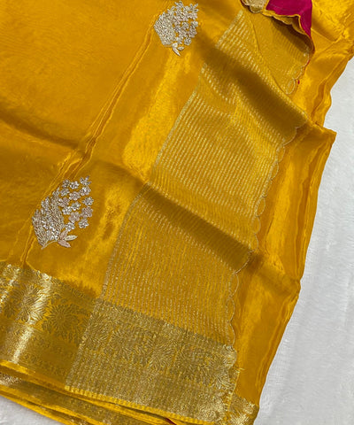 Premium Dola Crepe With Hand Work Golen Yellow Shade With Gold Zari | Glow & Glitter Boutique