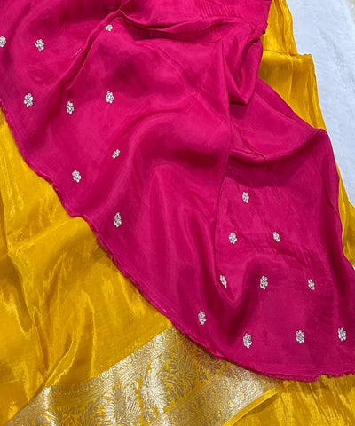 Premium Dola Crepe With Hand Work Golen Yellow Shade With Gold Zari | Glow & Glitter Boutique