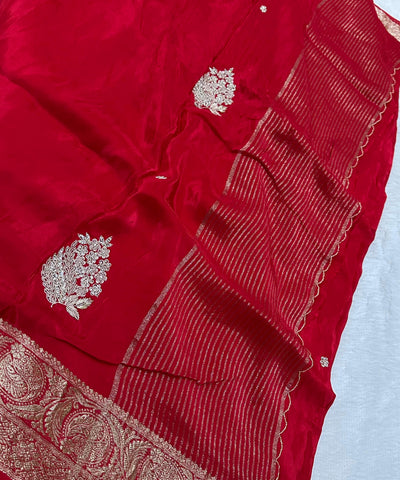 Premium Dola Crepe Silk with Hand Work Blood Red Shade With Gold Zari | Glow & Glitter Boutique