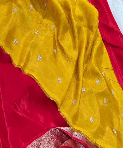 Premium Dola Crepe Silk with Hand Work Blood Red Shade With Gold Zari | Glow & Glitter Boutique