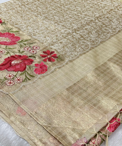 Tissue silk saree with full embroidery Ivory Shade | Glow & Glitter Boutique