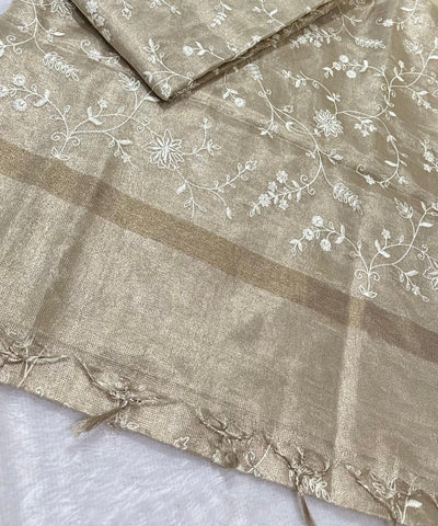 Tissue tissue silk saree with embroidery Silver Gold Beige Shade | Glow & Glitter Boutique