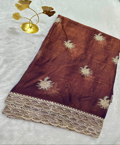 Shimmer silk saree Chocolate Brown with Gold Zari | Glow & Glitter Boutique