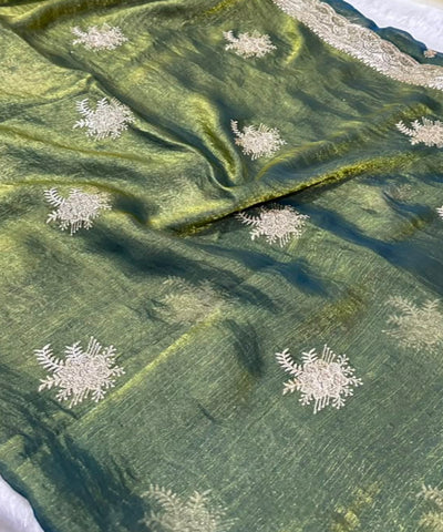 Shimmer silk saree Olive Green Shade with Gold Zari  | Glow & Glitter Boutique
