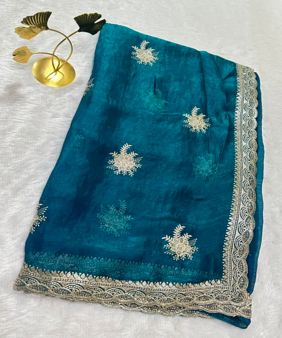 Shimmer silk saree Peacock Blue with Gold Zari | Glow & Glitter Boutique