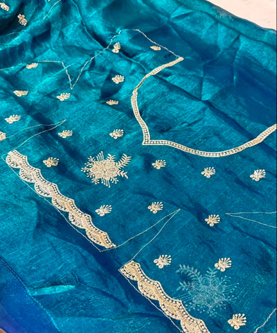 Shimmer silk saree Peacock Blue with Gold Zari | Glow & Glitter Boutique