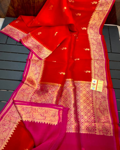 PURE HANDLOOM KORA SILK SAREES Red With Antique Gold Zari | Glitter & Glitter Boutique
