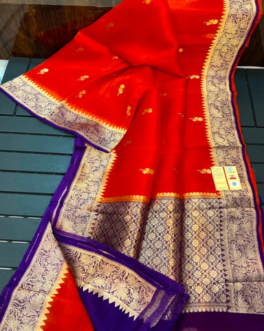PURE HANDLOOM KORA SILK SAREES Red With Antique Gold Zari | Glitter & Glitter Boutique