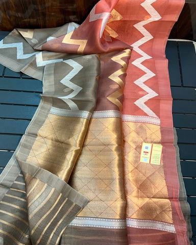 PURE HANDLOOM KORA SILK SAREES Dusty Rose & Grey | Glitter & Glitter Boutique