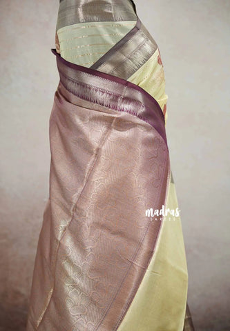 Mild yellow - Banarasi soft silk floral and horizontal stripes weaving - Durga
