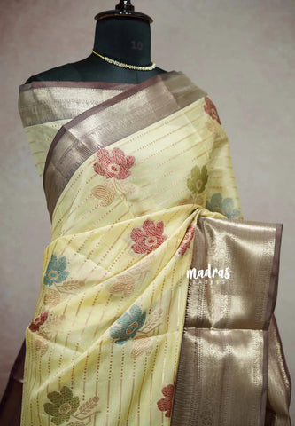 Mild yellow - Banarasi soft silk floral and horizontal stripes weaving - Durga