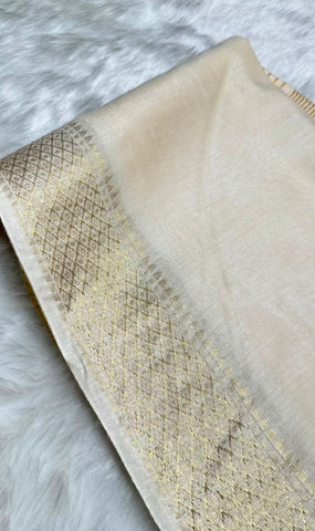 Premium Kerala Kasavu Onam Saree with Rhombus Zari Border | Glow & Glitter Boutique