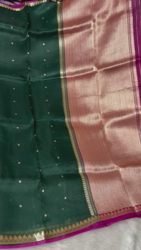 Pure Kora silk Saree Forest Green Shade With Thin border | Glow & Glitter Boutique