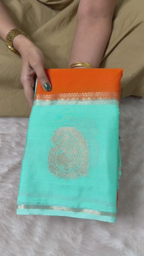 Semi Binny Crepe Orange Shade With Ice Blue Border | Glow & Glitter Boutique