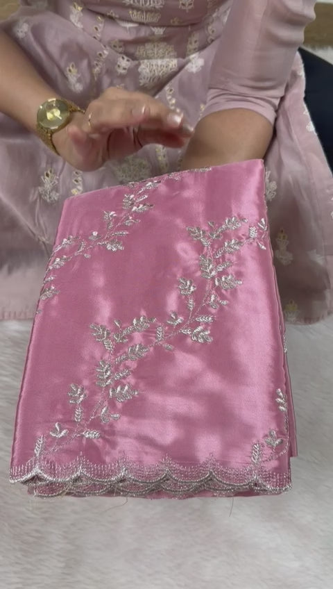 Designer silk saree Pastle Onion Shade with silver floral embroidery | Glow & Glitter Boutique