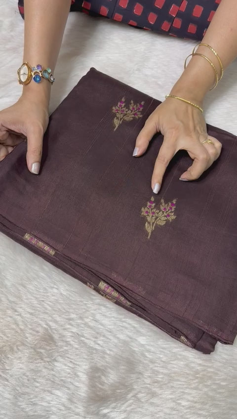 Tussar Silk Dark Coco Brown Shade With Border Less | Glow & Glitter Boutique